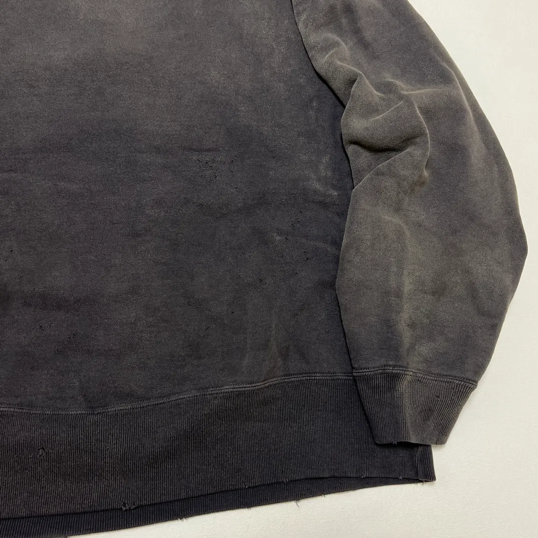 SAINT M×××××× BONE SAINT CREW SWT/BLK Bone SAINT destruction sweatshirt, washed black S-XL Assute dyeing, genuine whole garment sprayed with horse-hair fading process, collar/cuffs frayed in many places, front and rear panels/sleeves super complex fraying, heavy washing and water distressing, correct fruit mark/angel mark